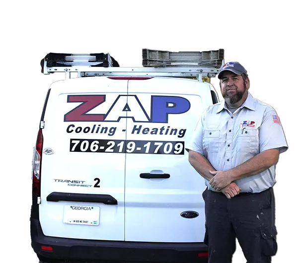 AC Maintenance Tech Robbie Whipple standing by ZAP Work Van with transparent background | ZAP Cooling & Heating