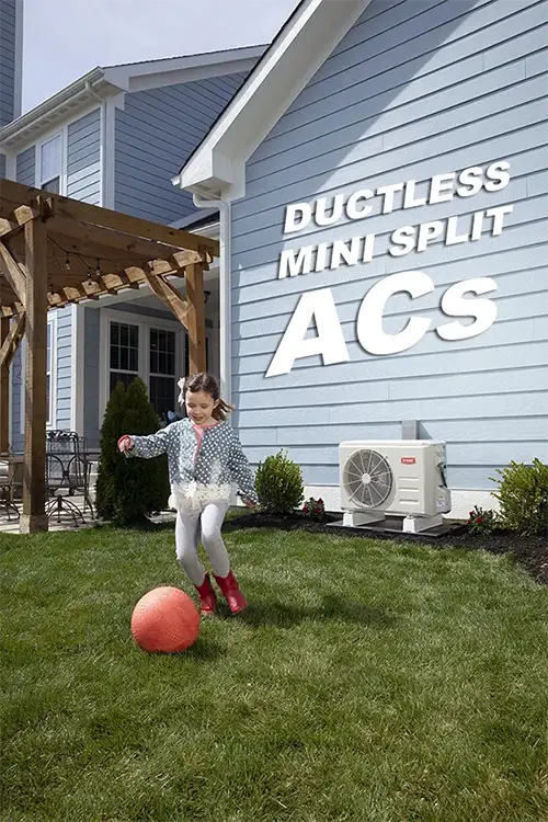 House exterior with ductless mini split AC outdoor unit and girl chasing ball | Mini Split AC | ZAP Cooling and Heating