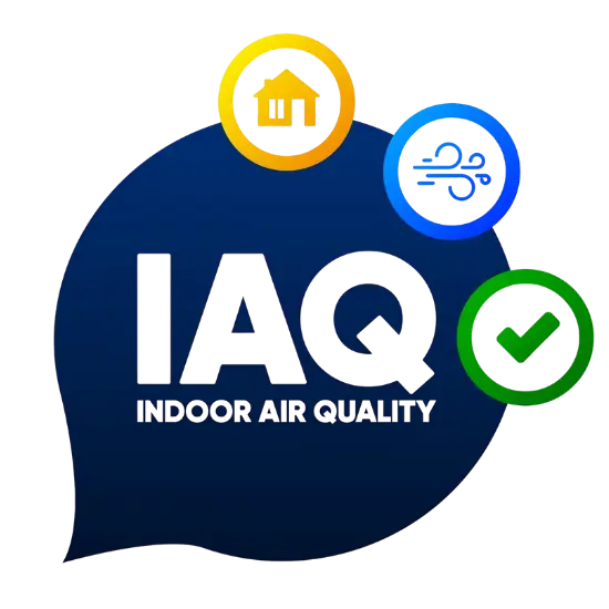 Logo for Indoor Air Quality (IAQ) with icons of a house, air flow, and a check mark.