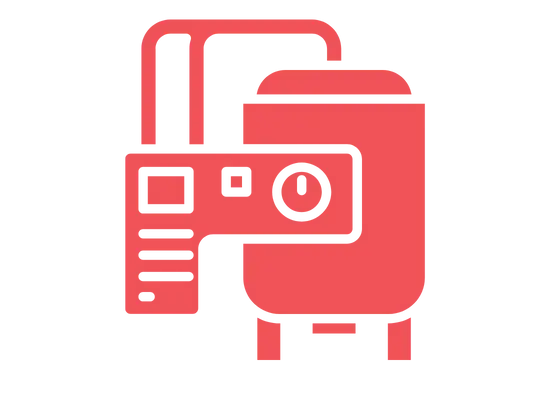 Red washing machine icon with control panel and water inlet pipe on a black background.
