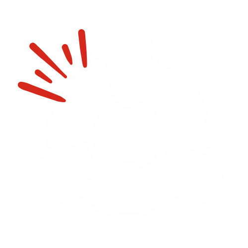 A safety warning icon of a target or life preserver with a red alert mark on a black background.