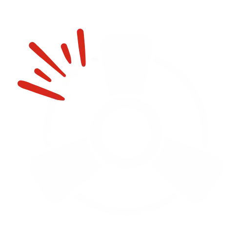 A safety icon of a rotating machine or fan with an alarm indicator in red.