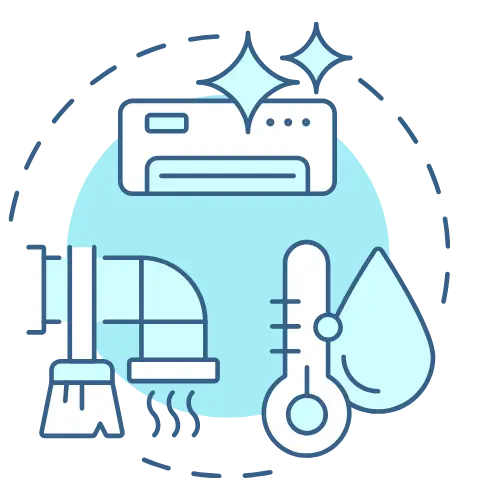 Cleaning supplies and a thermometer on a stylized blue background with sparkles.