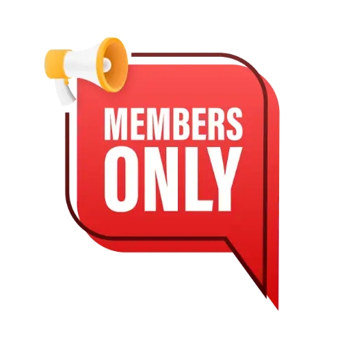 Red speech bubble with the words "Members Only" and a yellow megaphone on top.