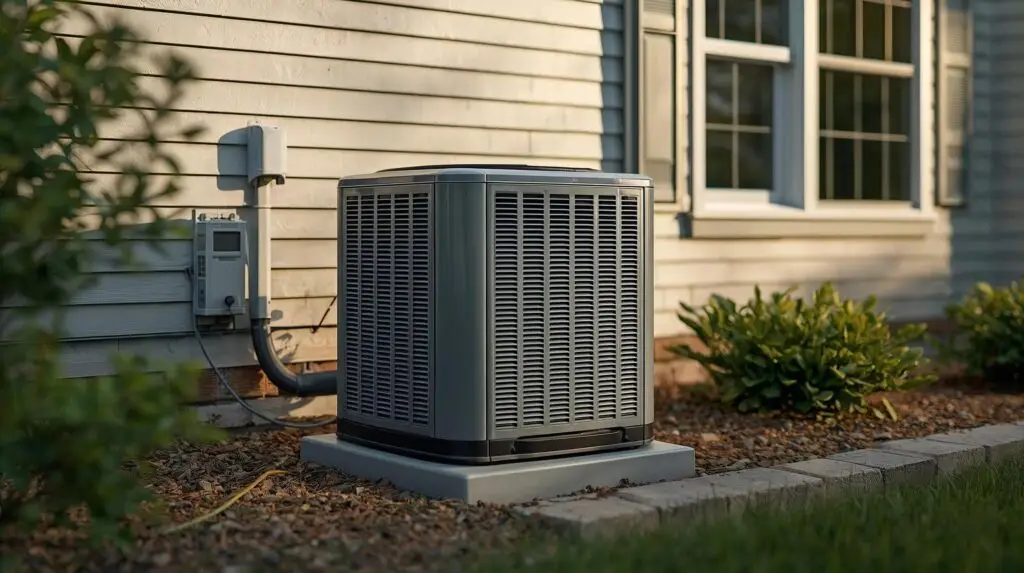 An outdoor air conditioning unit installed next to a house, with a window and garden plants nearby.